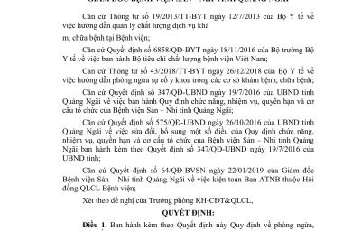 QUYẾT ĐỊNH V/v ban hành Quy định về phòng ngừa, quản lý sự cố y khoa tại  Bệnh viện Sản – Nhi tỉnh Quảng Ngãi